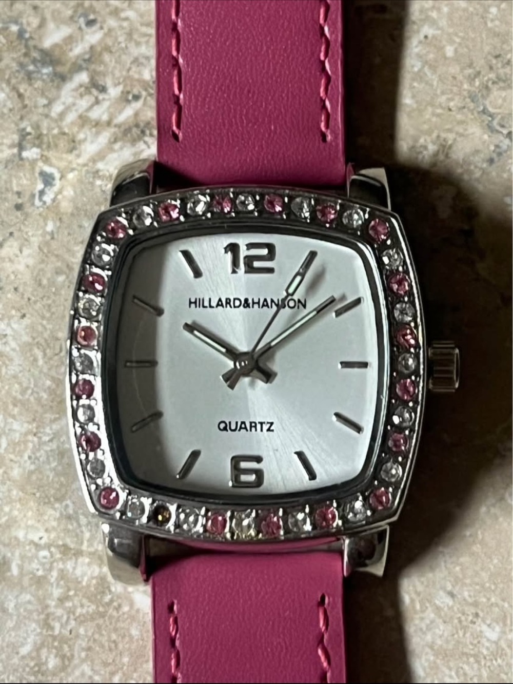 Hillard & Hanson Pink Crystal Bezel Silver-Tone Watch